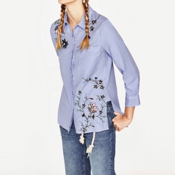 Zara Tops - SOLD Zara Blue Striped Floral Embroidered Shirt L